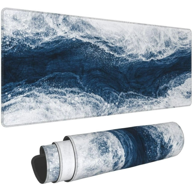 Navy Blue & White Large Gaming Mouse Pad Extended Big Keyboard Mat, Long Wave Beach Design, Cool Gaming Mousepad for Home Office Work Desk, Stitched Edges, NonSlip Base