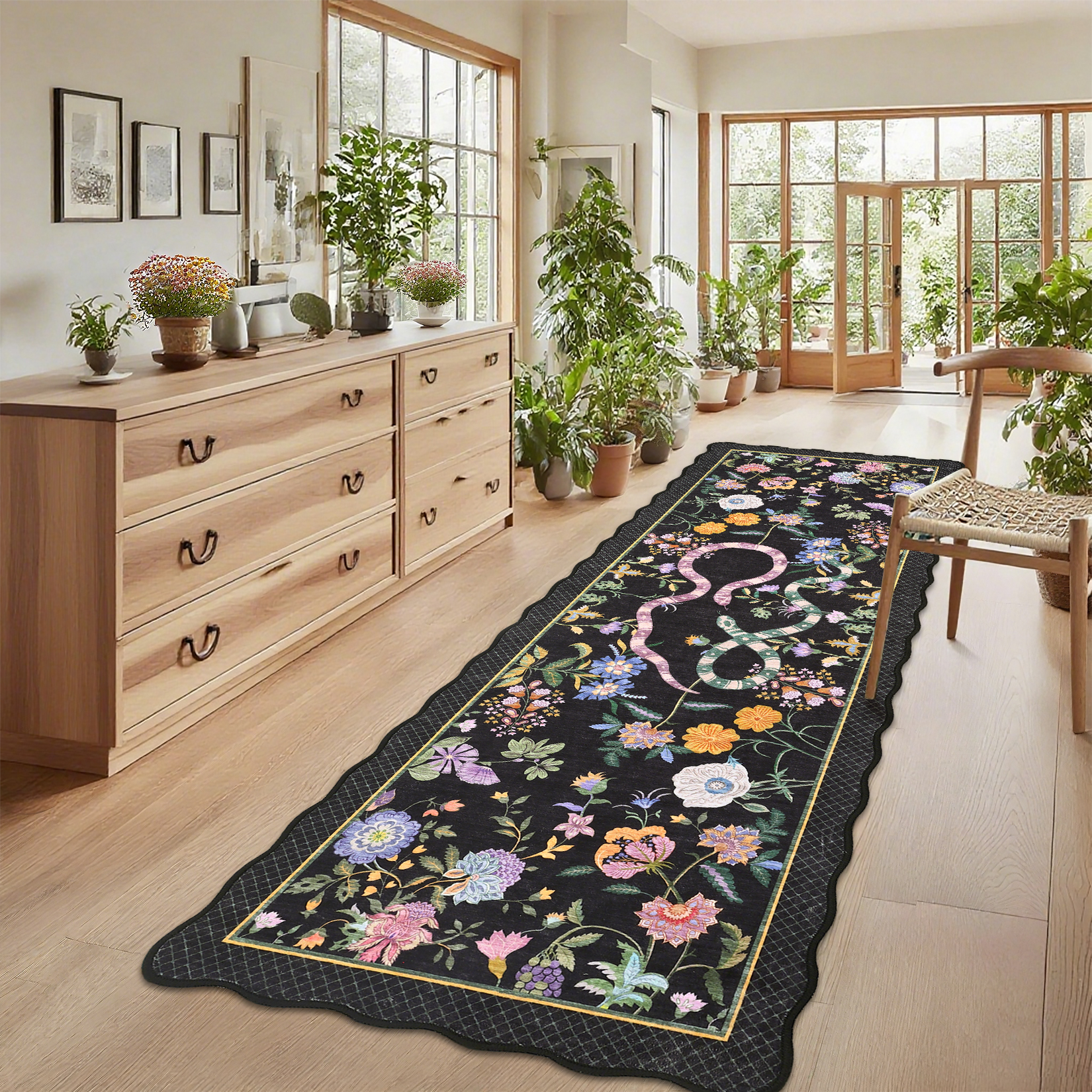 Hasoo Scalloped Runner Rug 2x6 Non-Slip Washable Low Pile Floral Snake Print for Kitchen Indoor Black