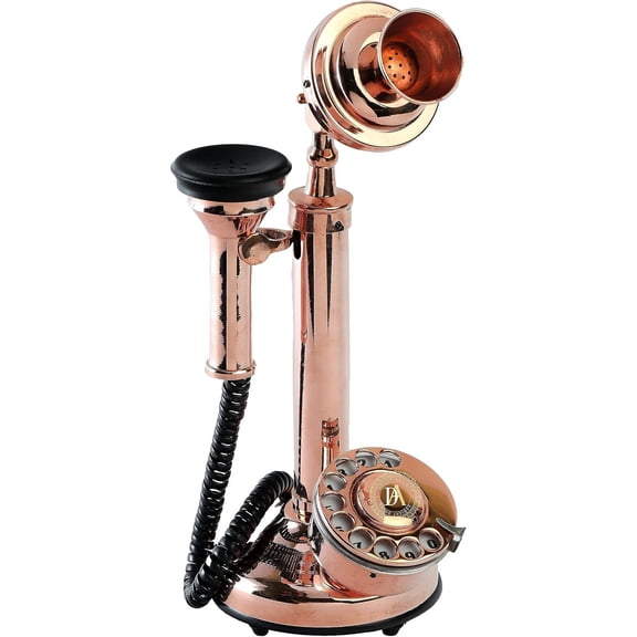 DCOR ANTIQUE Vintage Candlestick Phone Decorative Rotary Dial Landline Telephone, Retro Antique Brass Decor for Home & Office