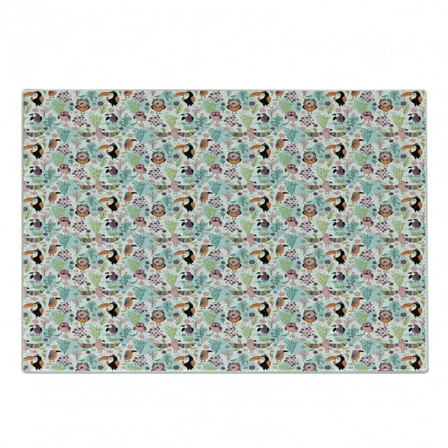 Tropical Cutting Board, Exotic Birds Pattern Cartoon Style Toucan Owls and Parrots Hawaii Flora and Fauna, Decorative Tempered Glass Cutting and Serving Board, Small Size, Multicolor, by Ambesonne