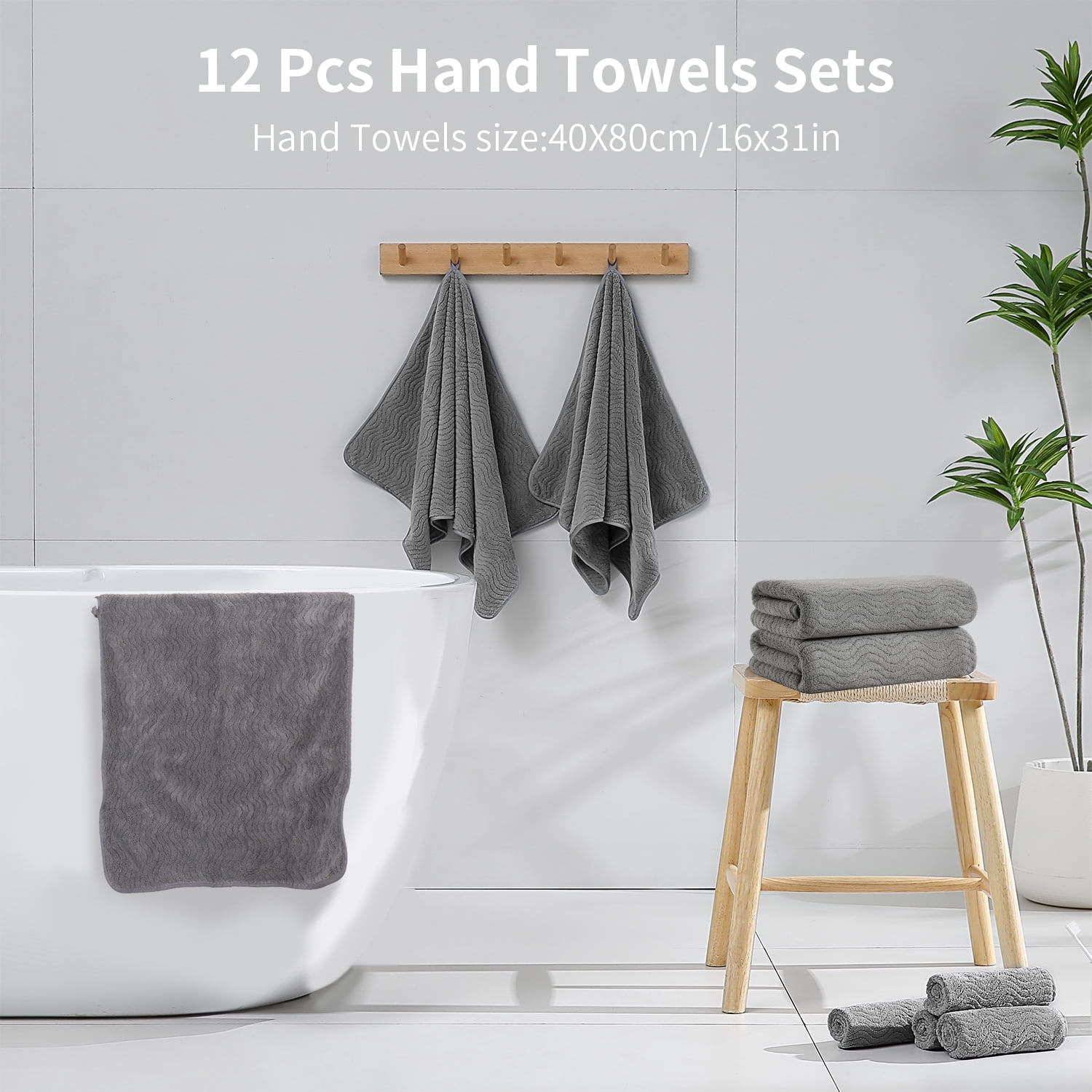 Jessy Home 12 Pack Dark Gray Hand Towel Set 16"x31" Soft Highly Absorbent Quick Dry Bathroom Towels 600 GSM Microfiber Plush Towels
