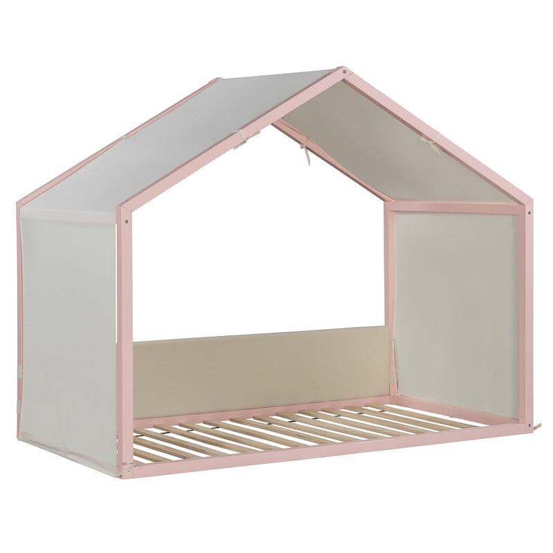 Twin Size Canopy Bed with Upholstered Velvet Side Panels and Breathable Linen Canopy Top, Soft-Padded Platform Bed Floor Montessori Bed for Kids Bedroom
