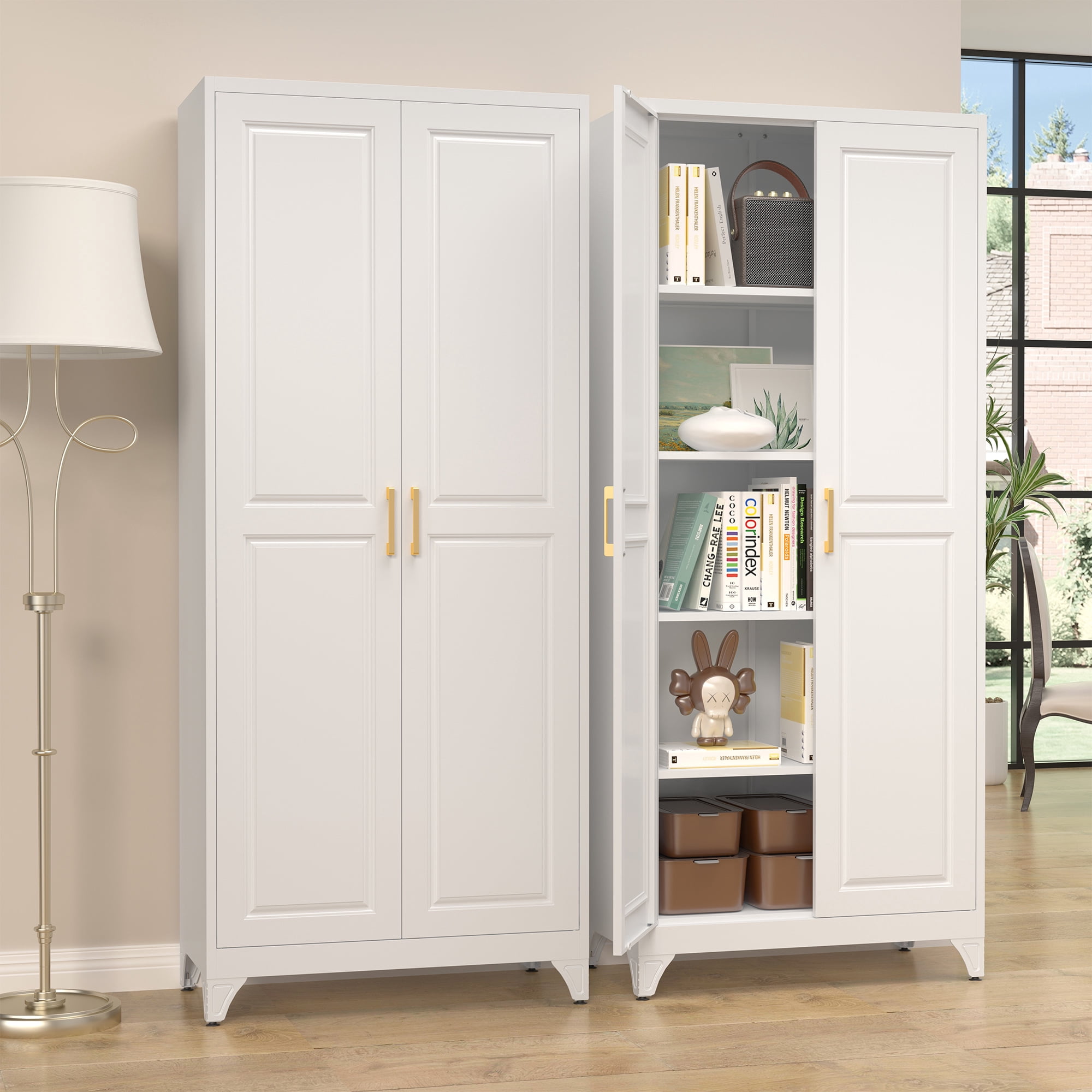 Polup 75" Height Metal White Storage Cabinet, Modern Tall Steel Pantry Cupboard with 2 Doors and Adjustable Shelves for Kitchen Garage and Home