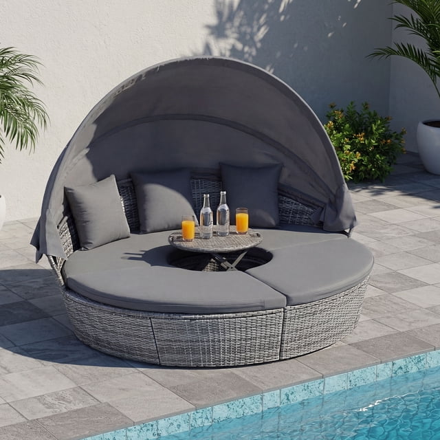 Gymax Lit de Jour Rond pour Patio avec Auvent Rétractable, Coussins et Coussins Décoratifs pour Pelouse, Gris