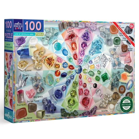 eeBoo: Love Of Crystals & Gems - 100 Piece Puzzle - 24x16" Kids Jigsaw, Oversized Glossy High-Quality Pieces, Informational Poster Included, Ages 5 