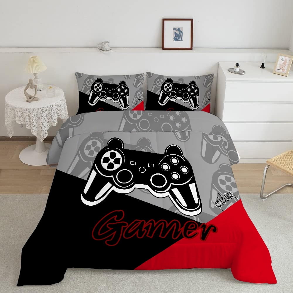 Psoiuetr Gaming Comforter for Kids Boys Teens Video Game Bedding Set Gamer Comforter Gamepad Comforter Set Queen Size Red Black Gray 3 Pieces