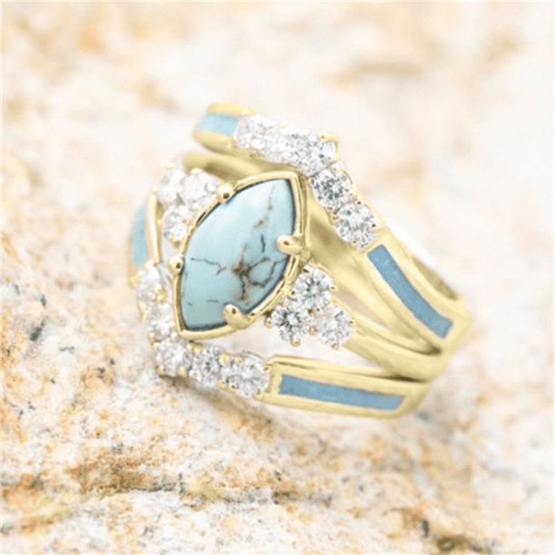3 pieces/set Turquoise and Moissanite Engagement Rings - 18K Gold Plated Multilayer Hollow Design - Perfect for Anniversary, Birthday, and Christmas Gifts - Sizes 5-11