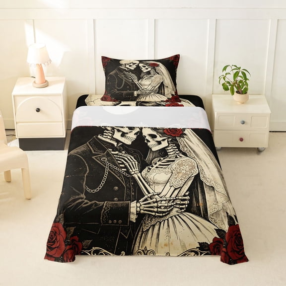 Homewish Vintage Black Rose Skeleton Wedding Twin Sheets for Men, Romance Floral Bedding, 3 Pieces, 1 Flat Sheet, 1 Fitted Sheet and 1 Pillowcase