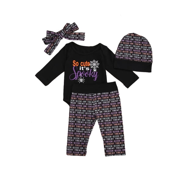 Conjunto de 4 piezas para bebé para Halloween: pelele con estampado de calabaza y red, pantalones largos, diadema con lazo y gorro.