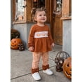thumbnail image 4 of RUINIXCW Toddler Baby Girl Halloween Outfit Fall Clothes Cute Ghost Pumpkin Embroidery Long Sleeve Babydddoll Shirt Top and Ruffle Plaid Pants 2Pcs Set, 4 of 9