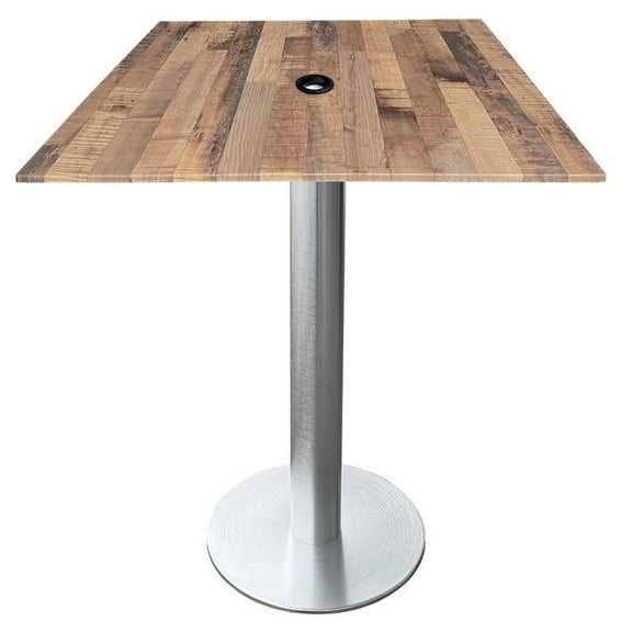 Indoor/Outdoor 42" Tall OD219 Brushed Aluminum Table Base with 18" Diameter foot and 32" x 32" Square Indoor/Outdoor Rustic Top with Umbrella Hole