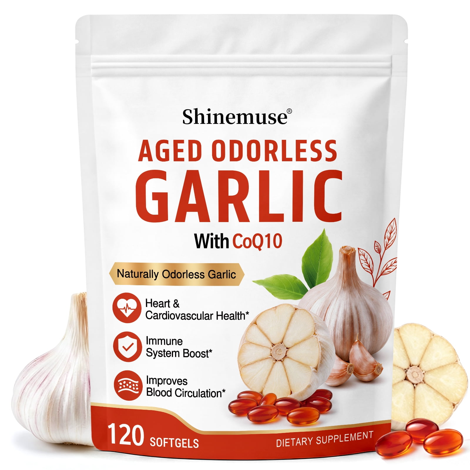 Shinemuse Aged Garlic Extract 1200mg Supplement, Odorless Garlic with CoQ10 Ubiquinol 100mg & Vitamin K2 MK‑7, Supports Heart & Immune Health, 120 Softgels