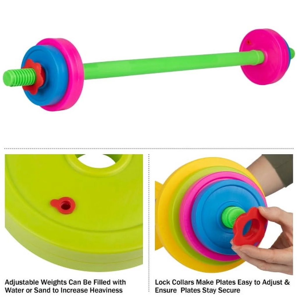 Toys+ Kids Play Barbell Set, 32 Inch Adjustable Rainbow Weight, Pretend Exercise Equipment