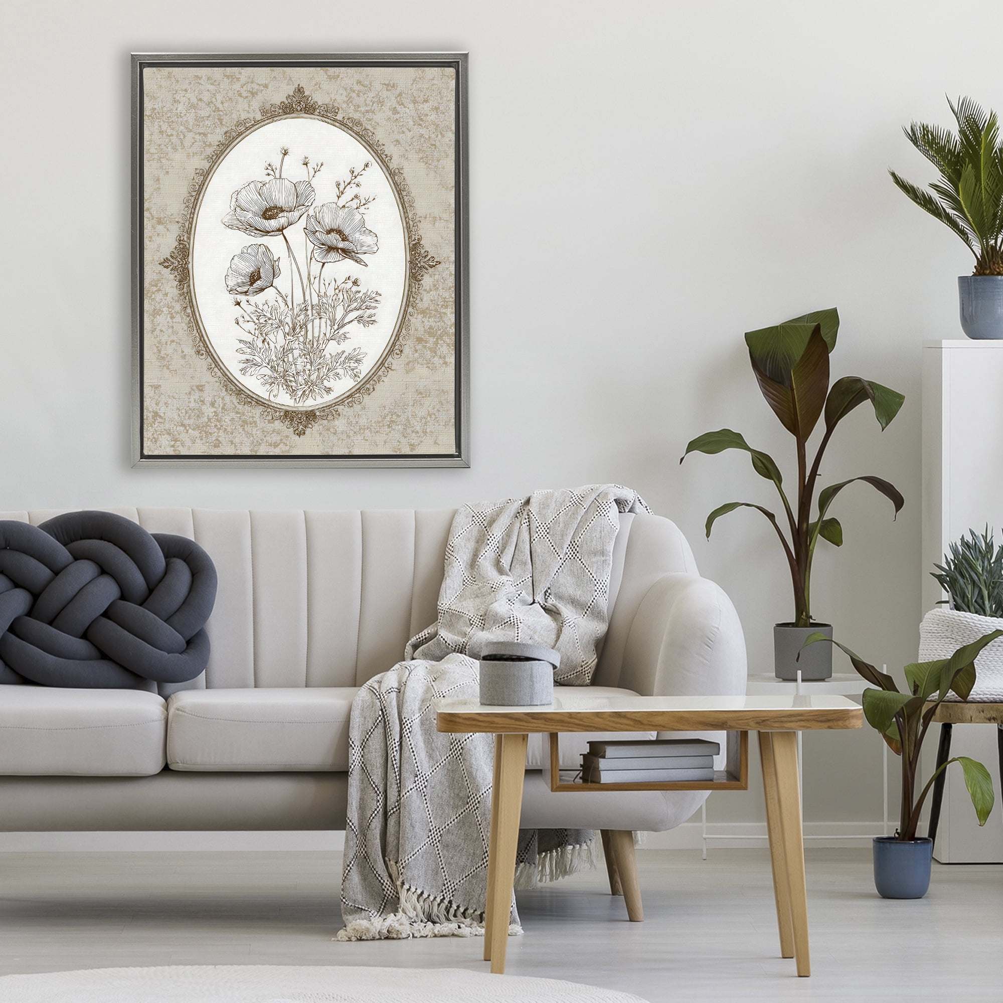 Stupell Industries Vintage Floral Sketch of Poppies Gray Framed Floater Canvas Wall Art, design by Ink Drop Loft