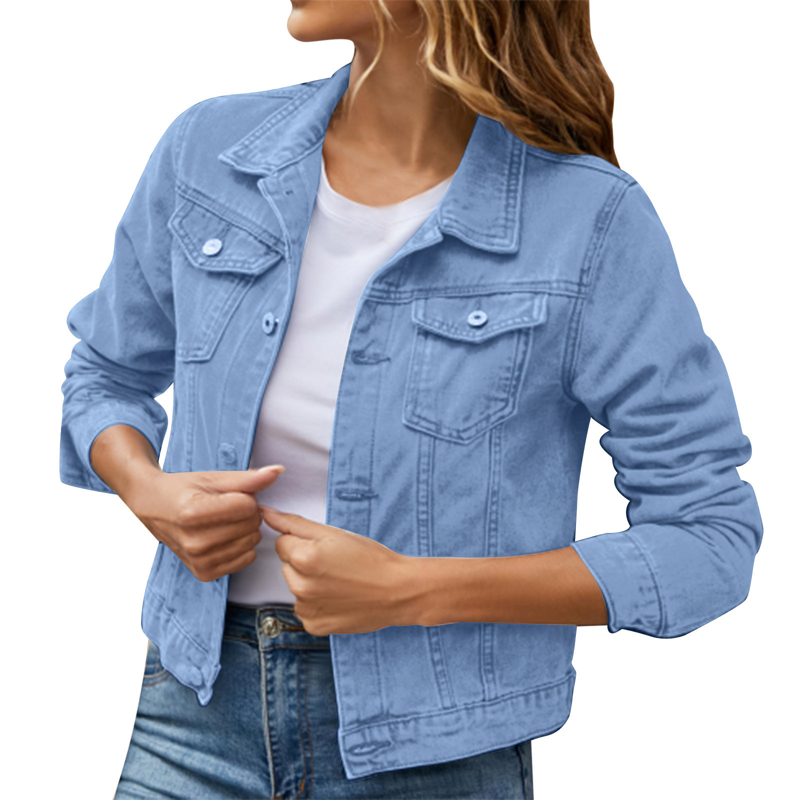 iOPQO womens sweaters Women's Basic Solid Color Button Down Denim Cotton Jacket With Pockets Denim Jacket Coat Women's Denim Jackets Blue XL - image 3 of 8