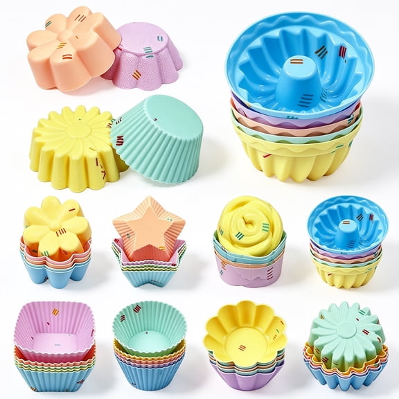 Godance 40 Pcs Silicone Donut Mold - 3 Inch Mini Fluted Tube Molds Set, 8 Shapes Non-Stick Reusable Baking Cups for Bagel, Muffin, Jello, Cake - Easy Release Silicone Doughnut Pan for Oven Baking