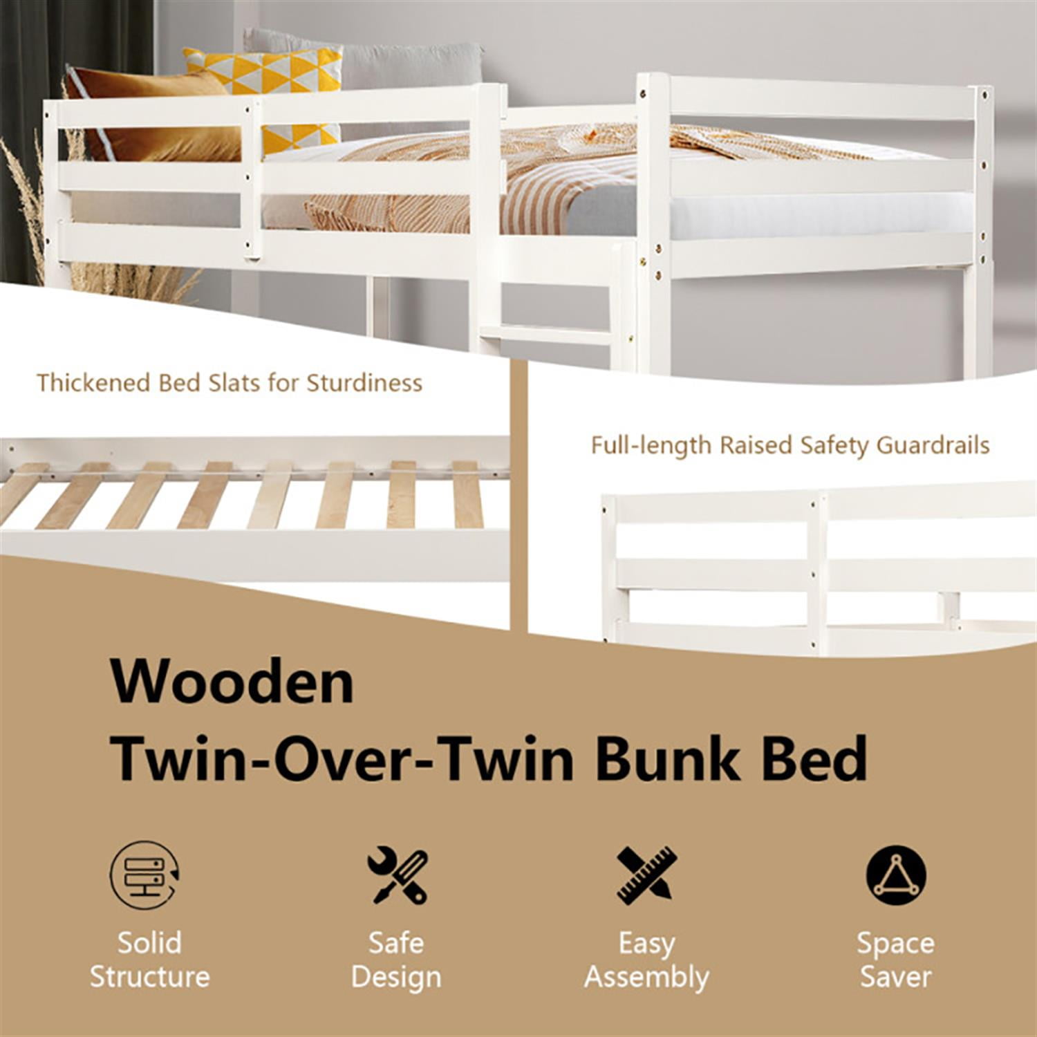 Demi Bonn Twin Size Over Wood Bunk Bed with Ladder and Safety Rail, Twin Sturdy Bunk Beds, White