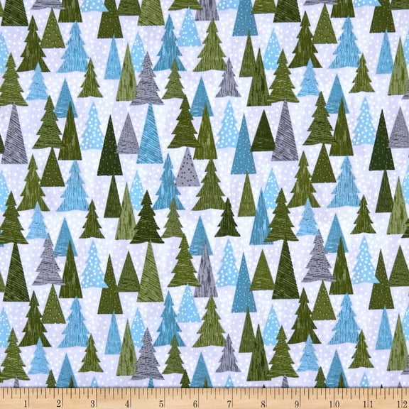 Lewis & Irene Light Grey Green Hygge Christmas Trees in Snow 100% Cotton Fabric sold by the yard