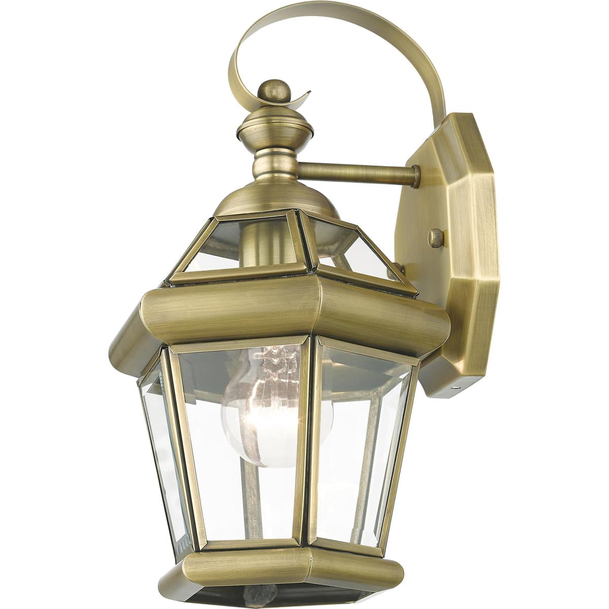 7 inch 1 Light Antique Brass Outdoor Wall Lantern Pendant Lighting Fixture with Clear Glass Panel Shade backed with Hand Crafted Solid Brass material for patio, front porch, entryway and more