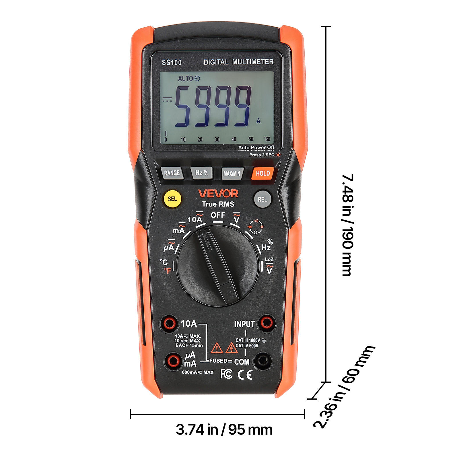 VEVOR Digital Multimeter, 6000-Count TRMS DC/AC Voltmeter Current Tester, Auto-Ranging Multimeter for Current Voltage Resistance Capacitance Temperature Diodes Continuity Low Impedance Measurment