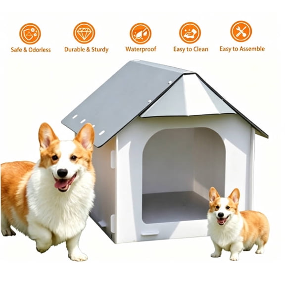 Dog House Outdoor, Waterproof Dog Shelter, All Weather Pet House with Gable Roof, Durable Pet Doghouse Weatherproof Puppy Shelter, Plastic Indoor Dog House for Small to Medium Dogs