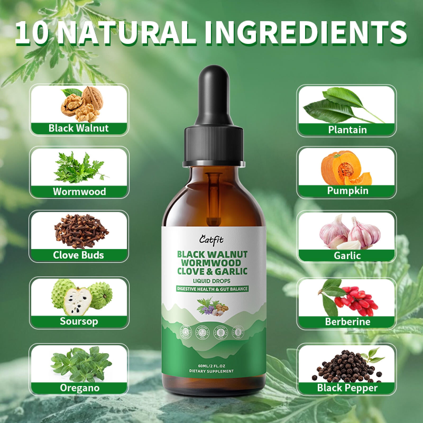 Black Walnut Wormwood Clove & Garlic Liquid Drops, Support Gut Cleanse & Digestive Health, 2 fl oz