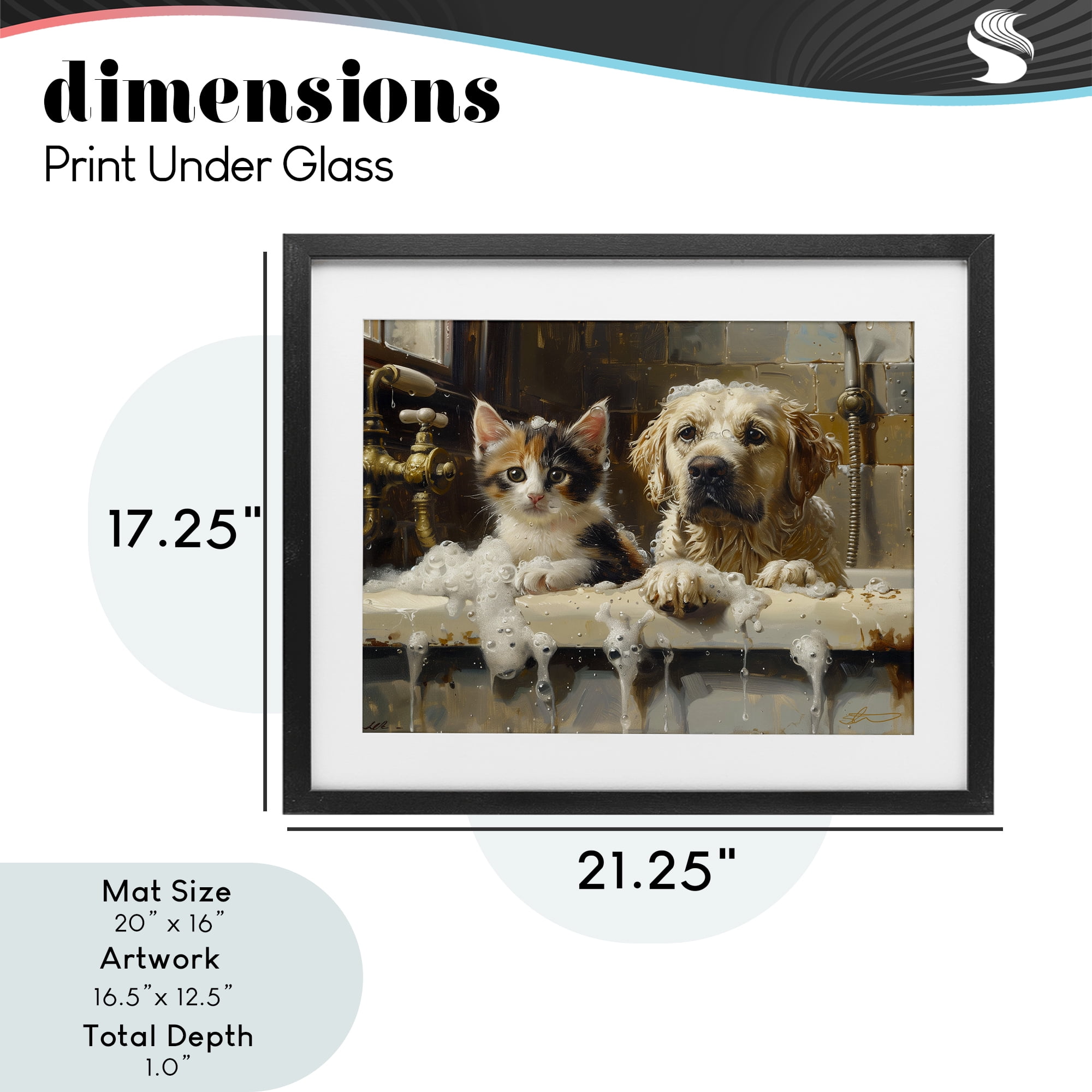 Bath Buddies Cat & Dog Black Framed Print Under Glass, design by Shawna Stewart