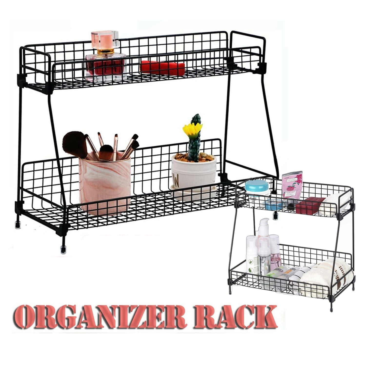 2-Tier Spice Rack Countertop Organizer with Cutlery Chopsticks Storage Shelf , Bathroom Shelf Organizer Countertop, Kitchen Rack Organizer for Spice Can Sauce Jars Bottle Toiletries Basket