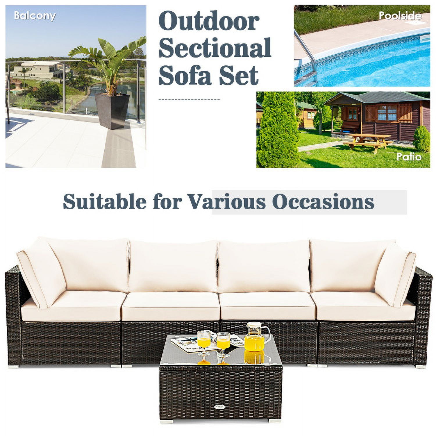 Aimee Lii 5 Pieces Cushioned Patio Rattan Furniture Set with Glass Table, Outdoor Patio Set, White