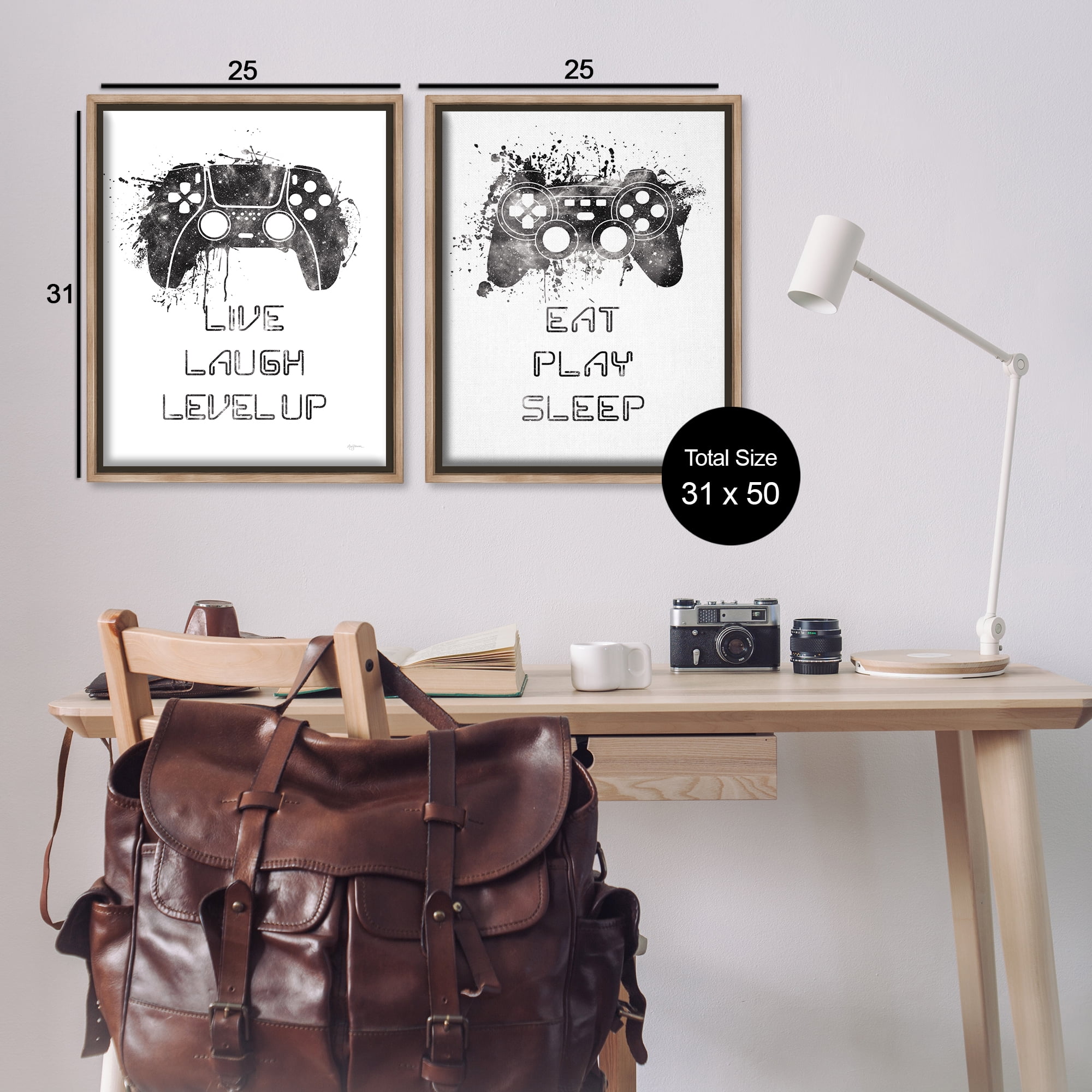 Stupell Industries Gamer Play Splash Controllers Text & Numbers Painting Brown Floater Framed Canvas Art Print Wall Art, 31 x 25, Set of 2
