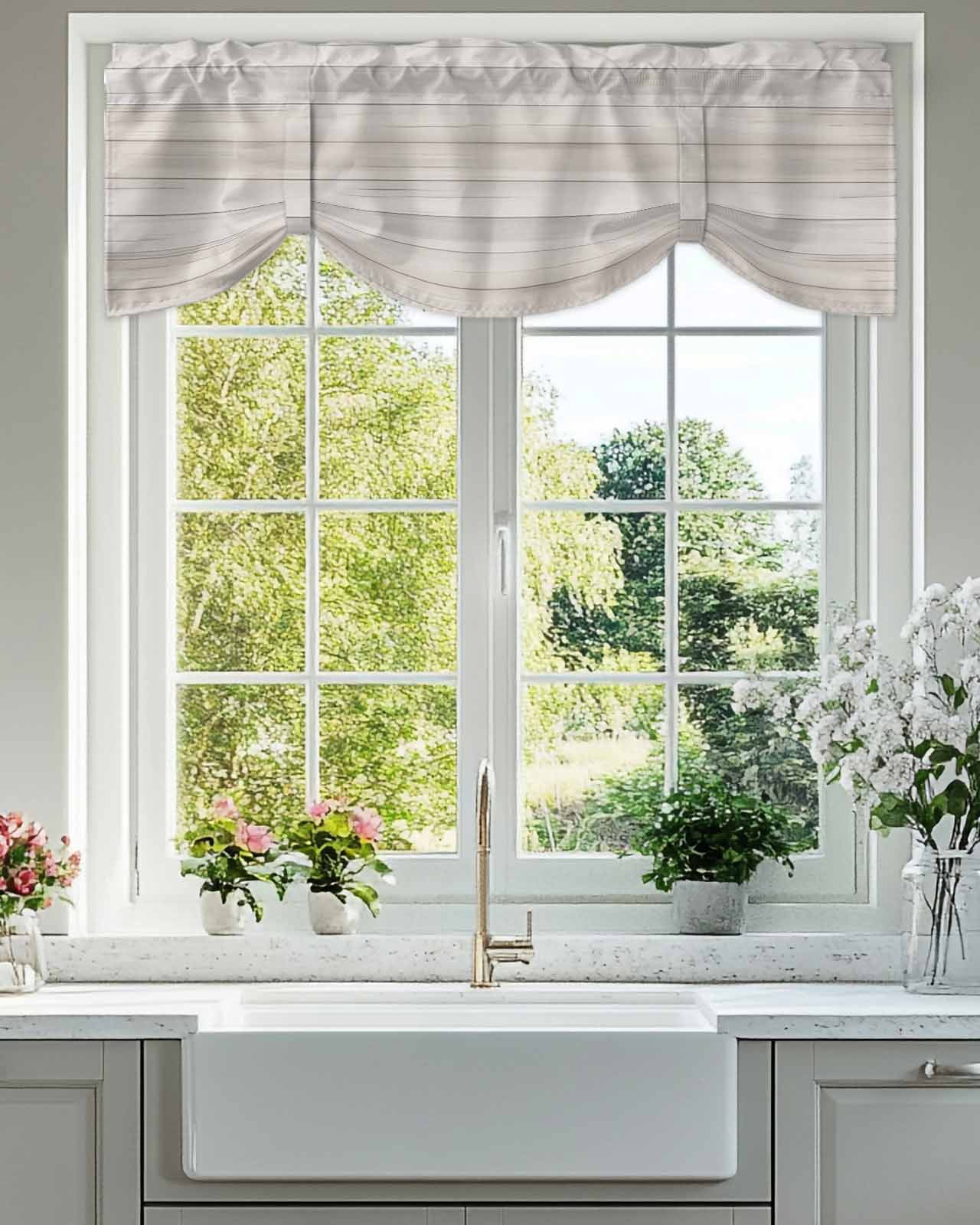 Wood Grain Tie Up Valances Curtain, Beige Mottled Texture Simple Striped Country Kitchen Valances for Windows Decor, Rod Pocket Short Curtains Set for Bedroom/Bathroom, 60"x18"