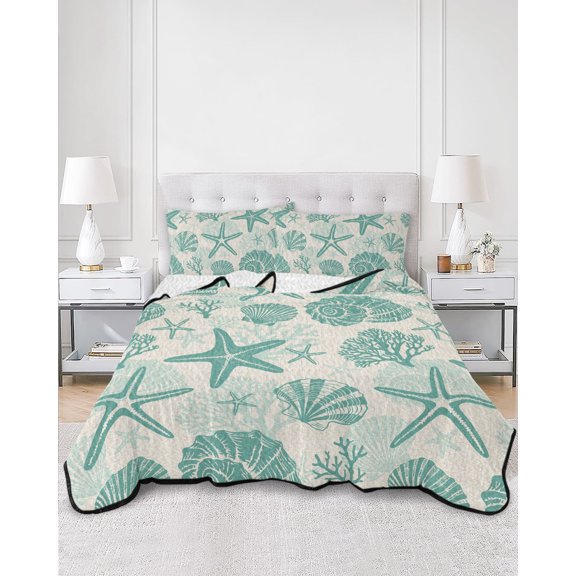 Quilts Full Size, Teal Coastal Summer Soft Comforter Bedding Set for Bed, Coral Shell Starfish Vintage Lightweight Quilted Bedspread with Pillow Cover(2 Pieces) for All Season, 78x90 Inch