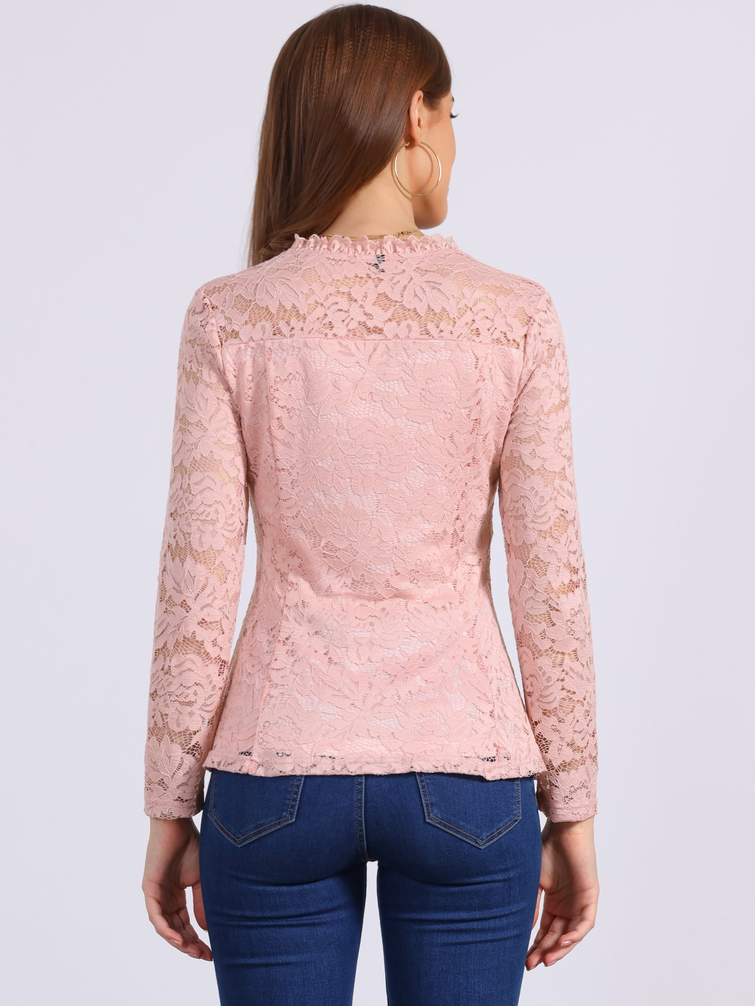 DARING DIVA Women's Lace Square Neck Long Sleeve Stretch Peplum Blouses S Pink