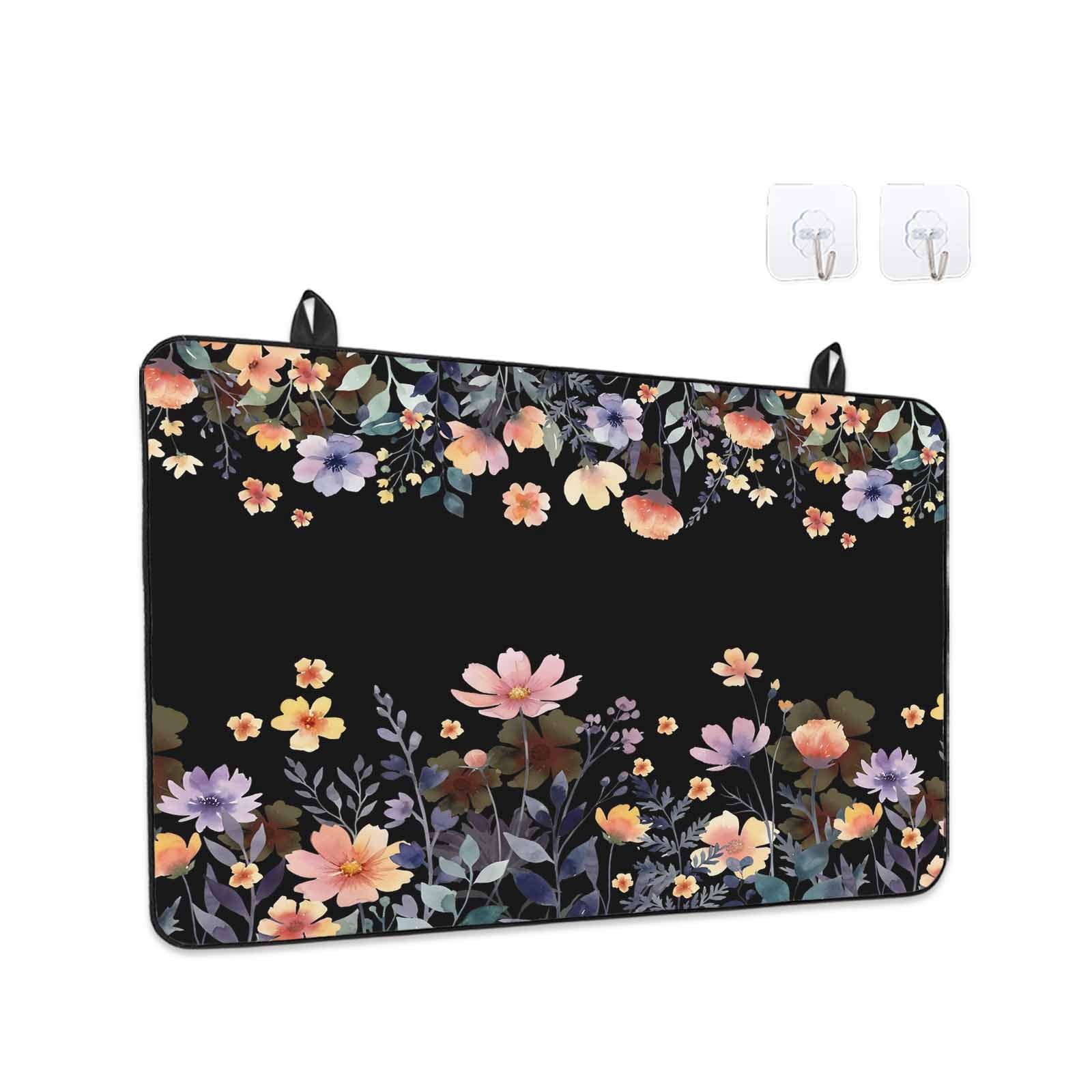 Black Spring Floral Stove Top Cover for Electric Stove, Heat-proof & Non Slip Glass Top Stove Cover Protector, Elegant Flowers Farmhouse Botanical Kitchen Flat Cooktop Rubber Mat 24x21 Inches
