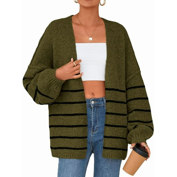 Women'S Oversized Cardigan Sweaters Fall Long Lantern Sleeve Knit Open Front Sweater Olive Green L