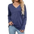 thumbnail image 2 of Womens T Shirts V Neck Long Sleeve Casual Tops Soft Solid Basic Tee Navy Blue M, 2 of 10