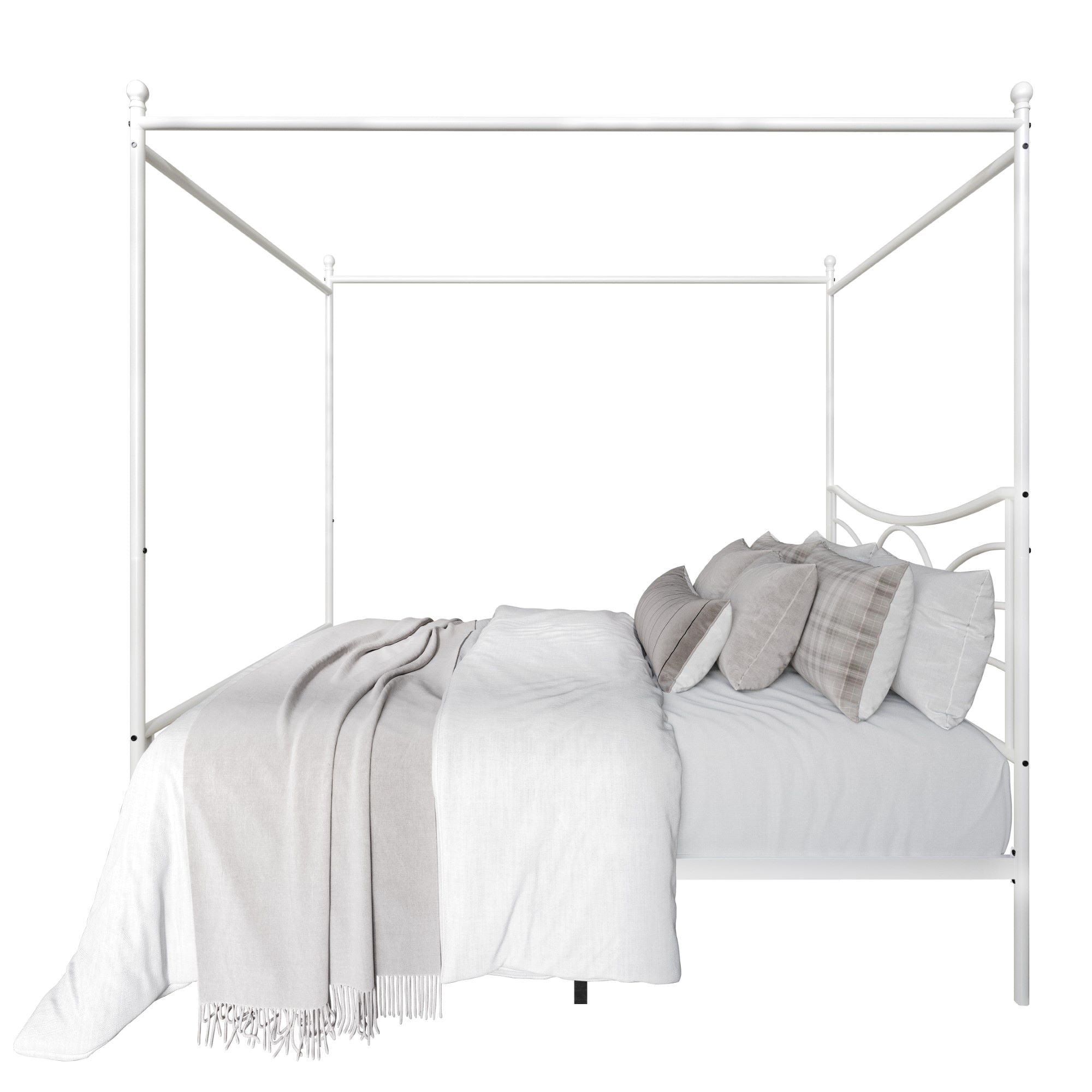 Home Design Denver Full Metal Canopy Bed Frame with Arched Headboard and Central Support Leg, White, Easy Assembly
