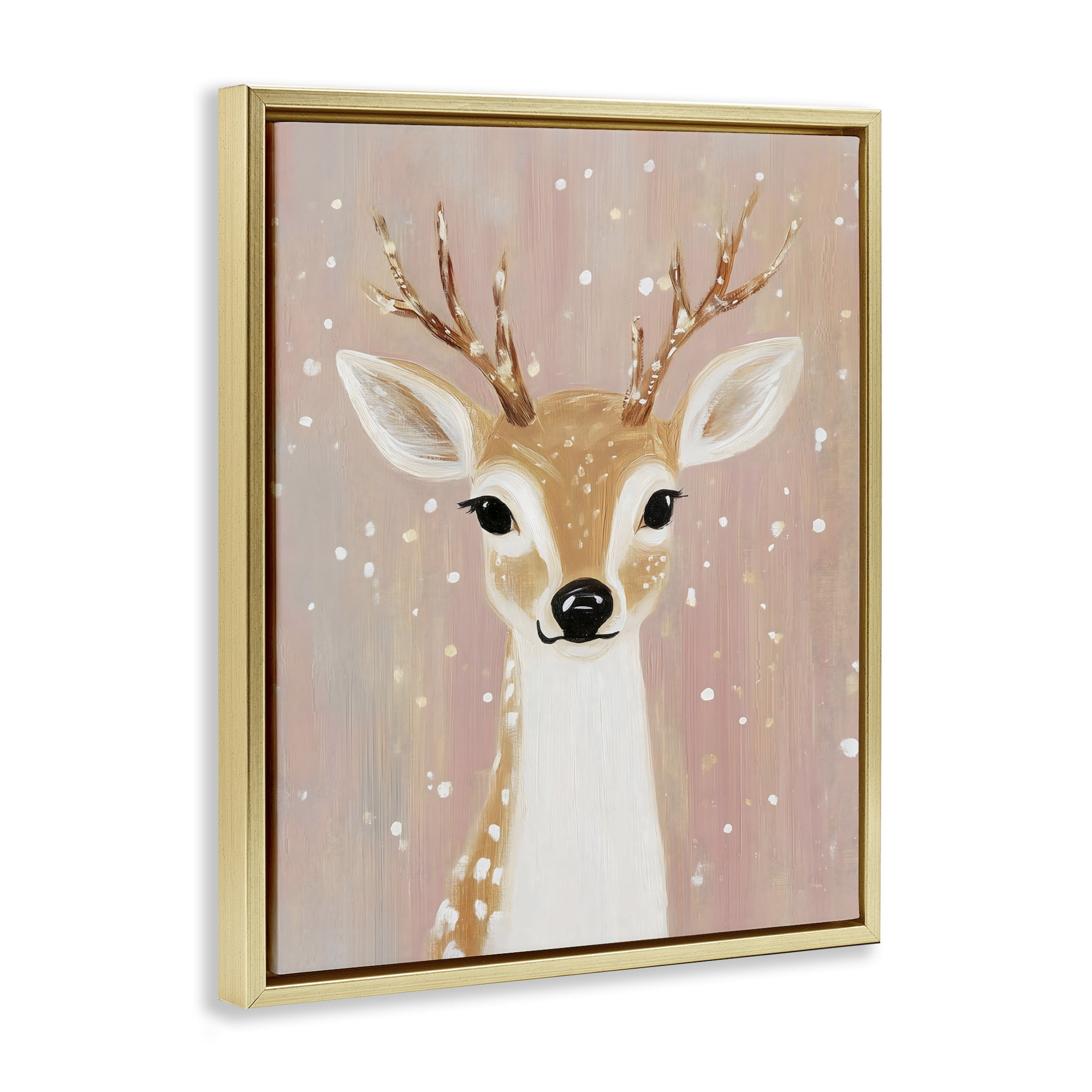 Stupell Industries Blush Pink Deer with Snowflakes Gold Framed Floater Canvas Wall Art, design by The Prints Vibe
