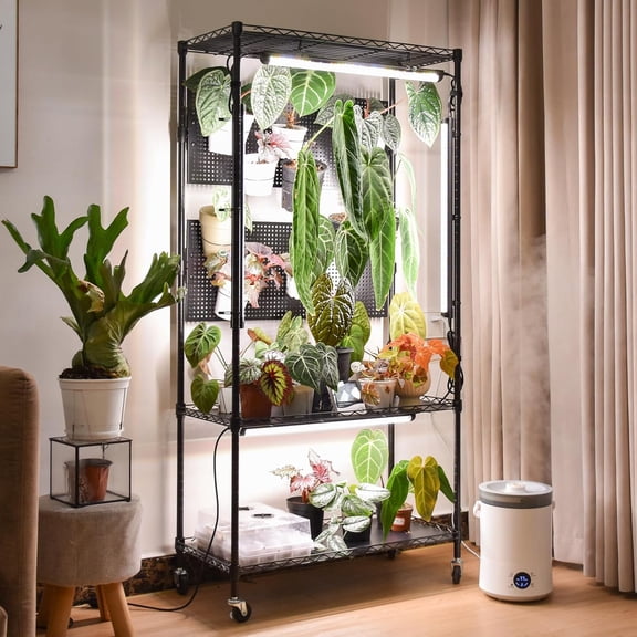 Plant Cabinet with Pegboard, 3 Tier Plant Shelf with Grow Light, Metal Plant Stand with 4 Pack 96W Grow Lights for Indoor Plant, Foliage Plants, Seed Starting, 29.5"x13.8"x59"