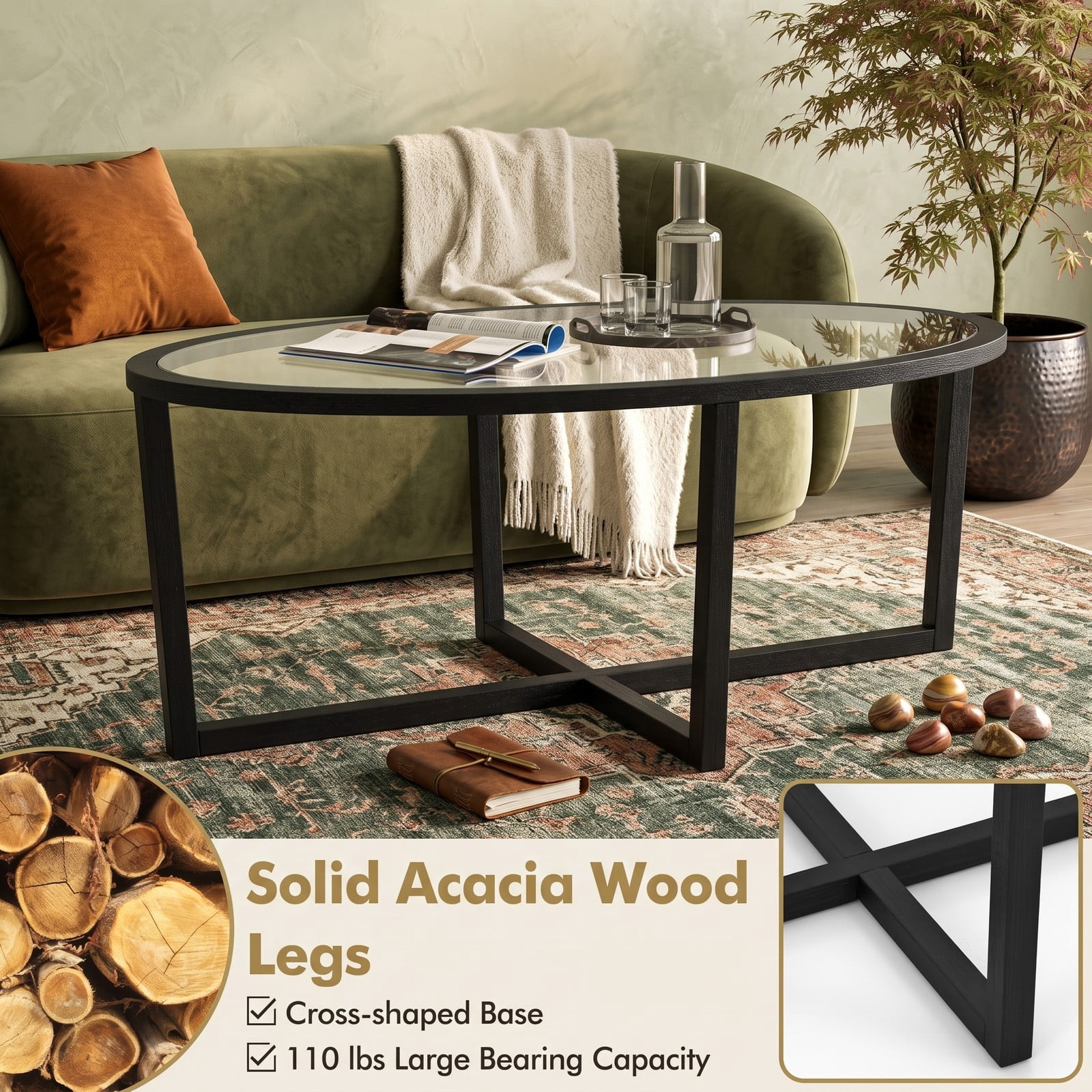 Furnibear Oval Glass Coffee Table, Living Room Center Table with Tempered Glass Top, Cross Base and Solid Acacia Wood Legs, 110 lbs Capacity Accent Sofa Side, Black