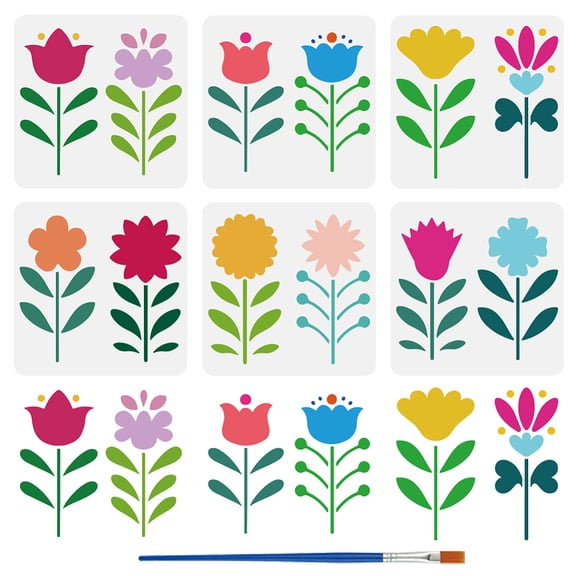 6PCS Simple Folk Art Flowers Stencils with Brush 5.9x5.9inch Reusable Abstract Folk Design Template Stencil for Fabric Furniture DIY Home Decoration
