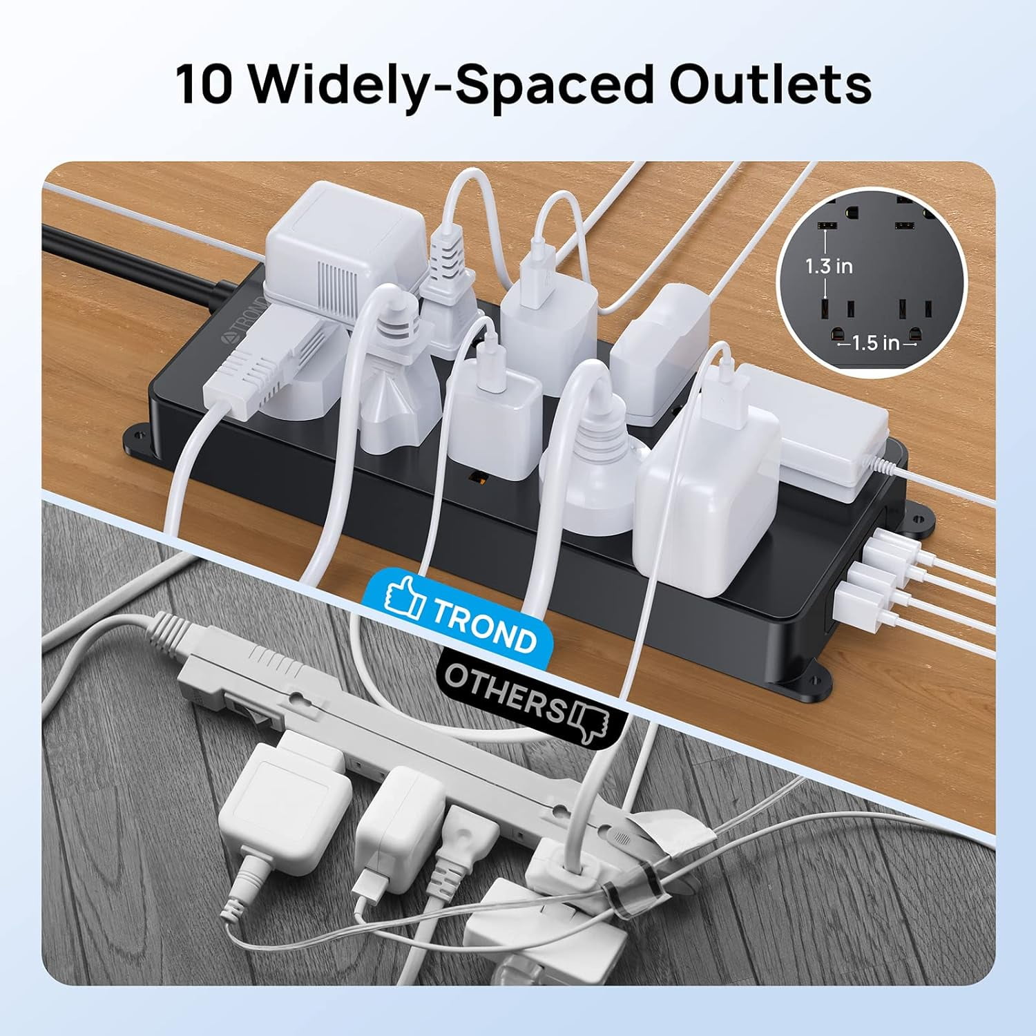 TROND Power Strip Surge Protector, ETL Listed, Flat Plug 15ft Long Extension Cord, 10 Widely Spaced AC Outlets, 2 USB A & 2 USB C Ports, 4000J, Wall Mount/Screw On, Under Desk/Cabinet/Counter, Black