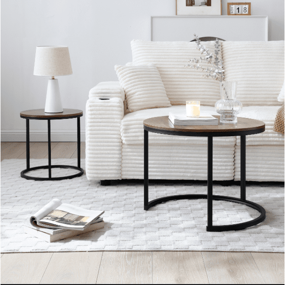 Euroco 2-Piece Nesting Round Coffee Table Set,Modern Coffee Tables with Metal Frame for Living Room, Space-Saving Design, Easy Assembly
