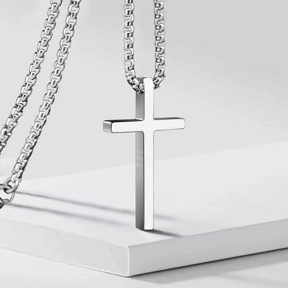 New 14K White Gold Cross Pendant Necklace for Men Women Minimalist Jewelry Male Female Necklaces Silver Color Sweater Chain