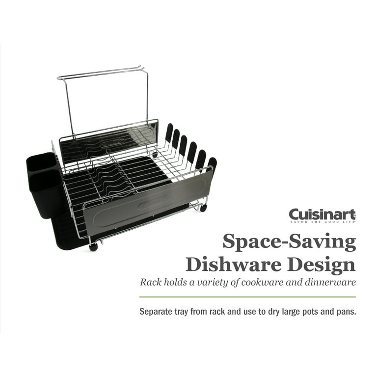 Cuisinart Stainless Steel Dish Drying Rack, Includes Wire Dish Drying Rack,  Utensil Caddy, Draining Board, Stemware Holder, and Non-Slip Cup Holders,  14.4” x 12” x 6”- Stainless Steel/Black 