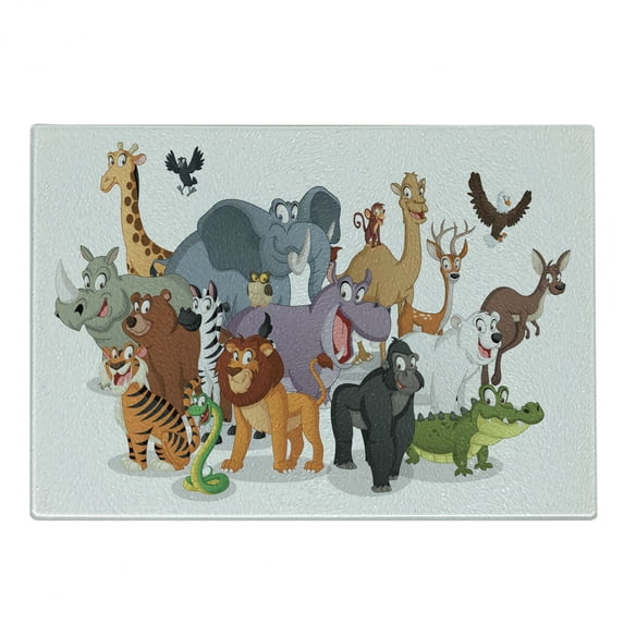 Animals Cutting Board, Group of Cheerful Cartoon Woodland Fauna on Plain Background Wildlife Theme, Decorative Tempered Glass Cutting and Serving Board, in 3 Sizes, by Ambesonne