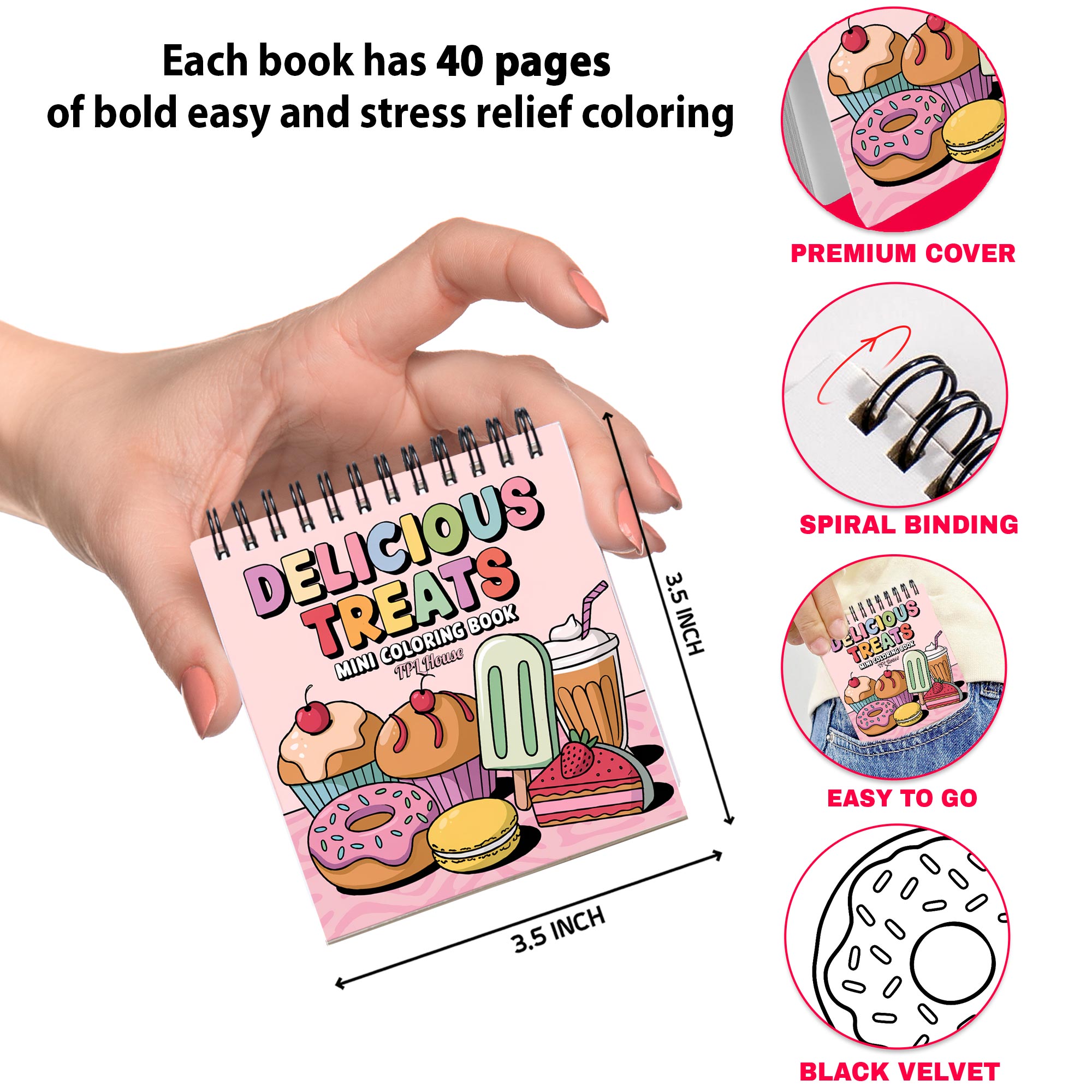 Various Themes Mini Coloring Book Spiral Bound for Adult, Pack 6, 3.5” x 3.5” Pocket Size, 40 Coloring Pages Stress & Anxiety Relief, Travel for Women Men