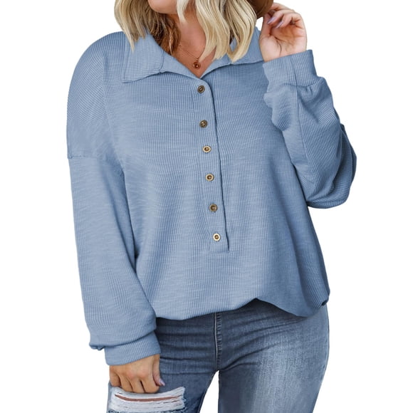 Top Eytino para mujer, talla grande, manga larga, cuello en V, azul cielo, 4X