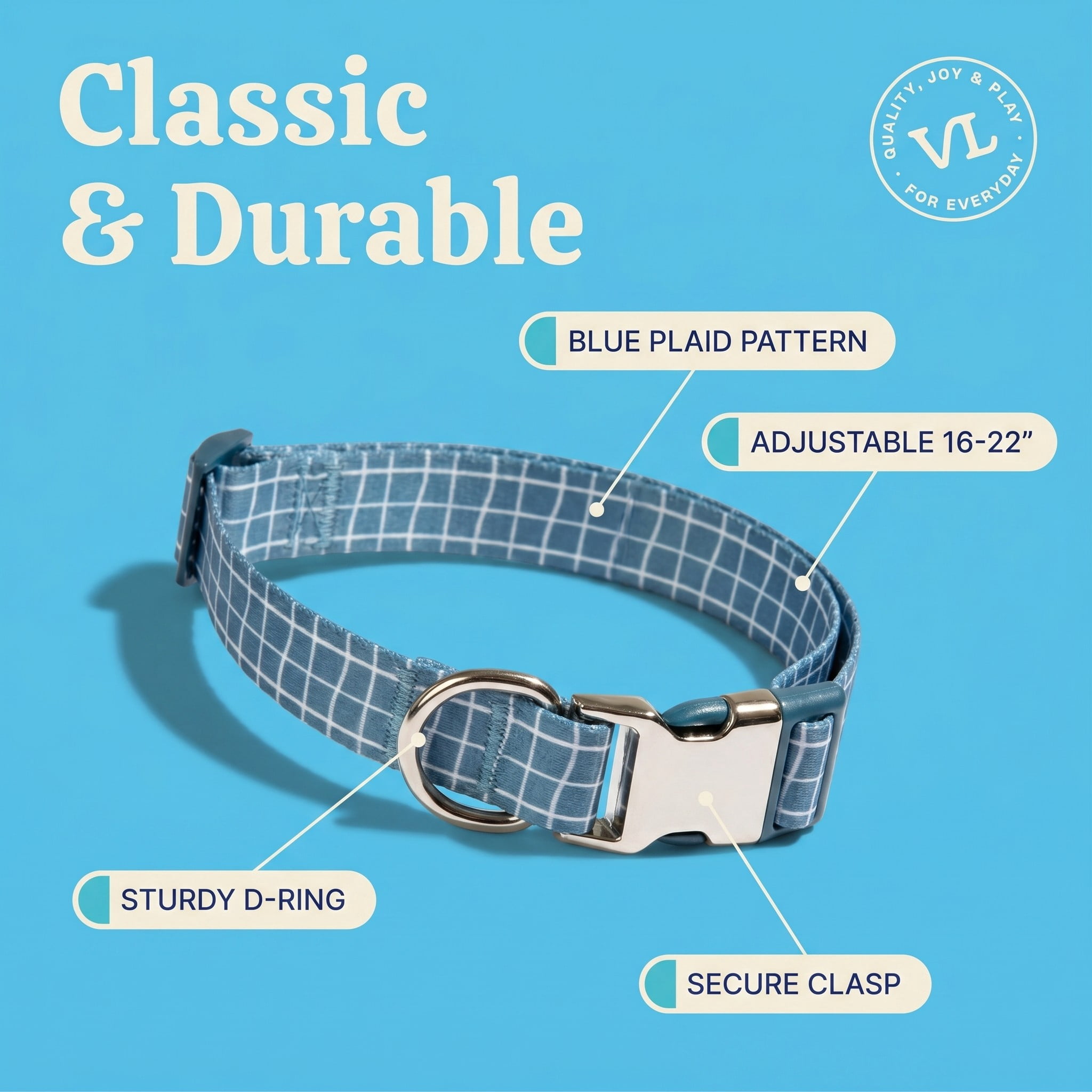 Vibrant Life Reflective Adjustable Fashion Dog Collar, Blue Grid, Large