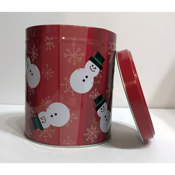 NIP Tin Box Company Christmas Round Tin with Snowmen on RED Snowflake Background
